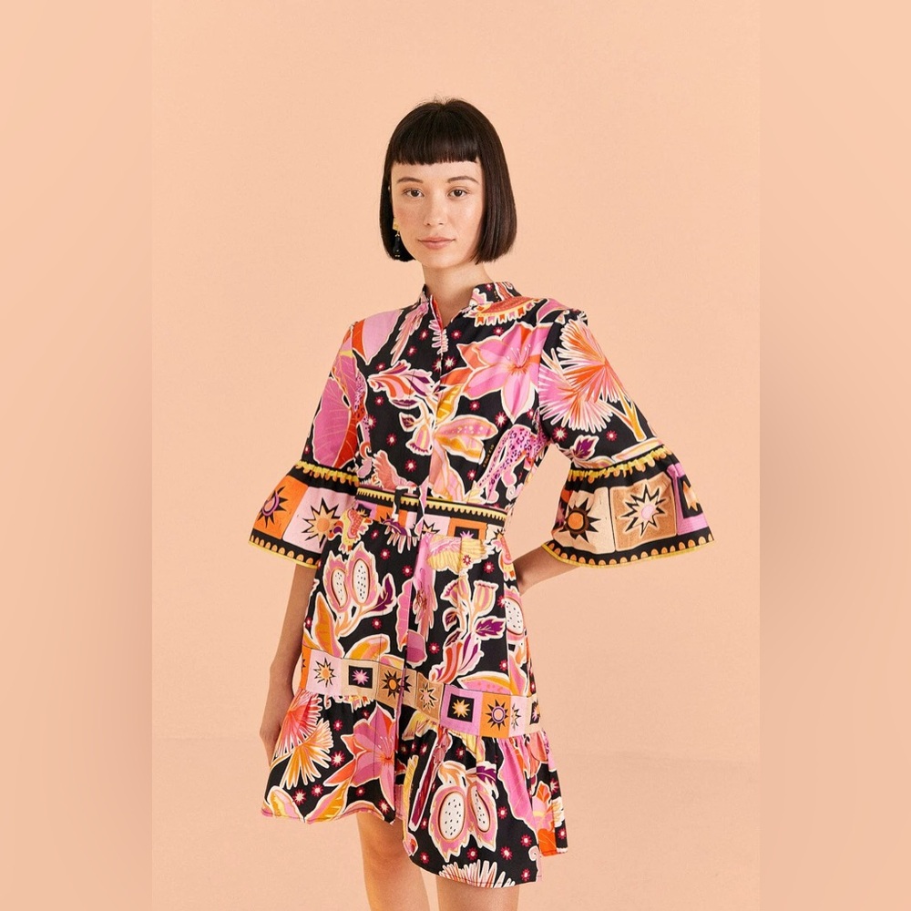 NWT FARM Rio Black Enchanted Nature Floral Mini Belted Dress S